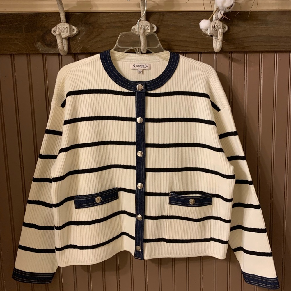 Navy and Cream Striped Cardigan. Jean trim